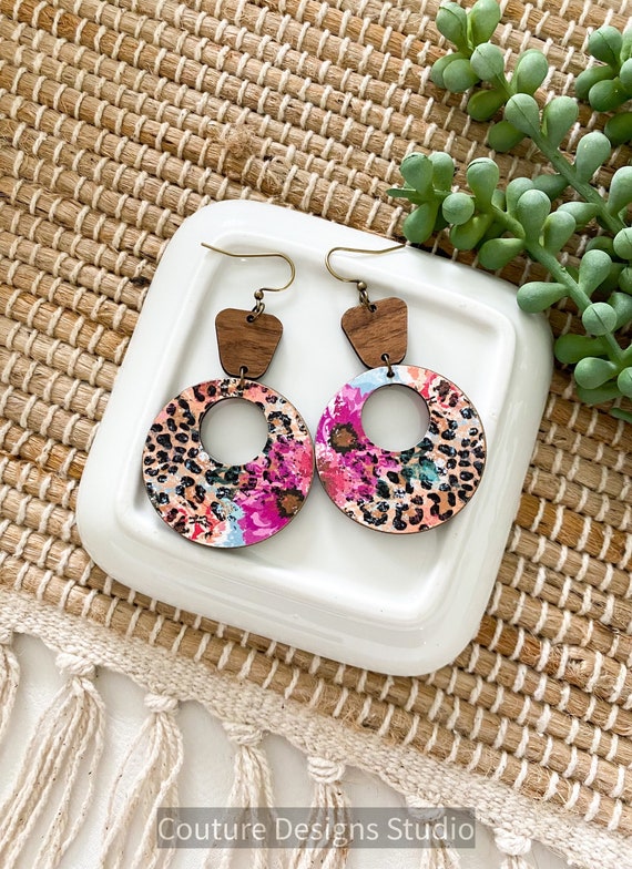 Boho Cheetah Floral Circle Earrings - Botanical Leopard Wood Earrings, Safari Retro Hoop Wood Earrings - Round Wood Earrings