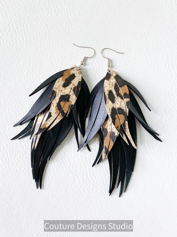 Leather Cheetah Earrings, Fringed Leather Feather Earrings, Black and Tan Leather Earrings, Boho Earrings, Leopard Leather Earrings