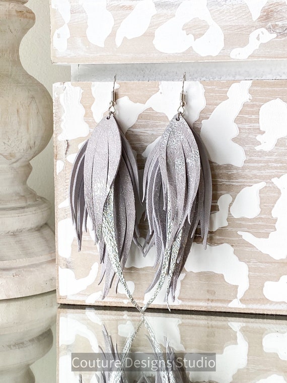 Gray Sparkle Leather Earrings, Fringed Leather Feather Earrings, Fringe Earrings, Boho Earrings, Pale Gray Leather Earrings