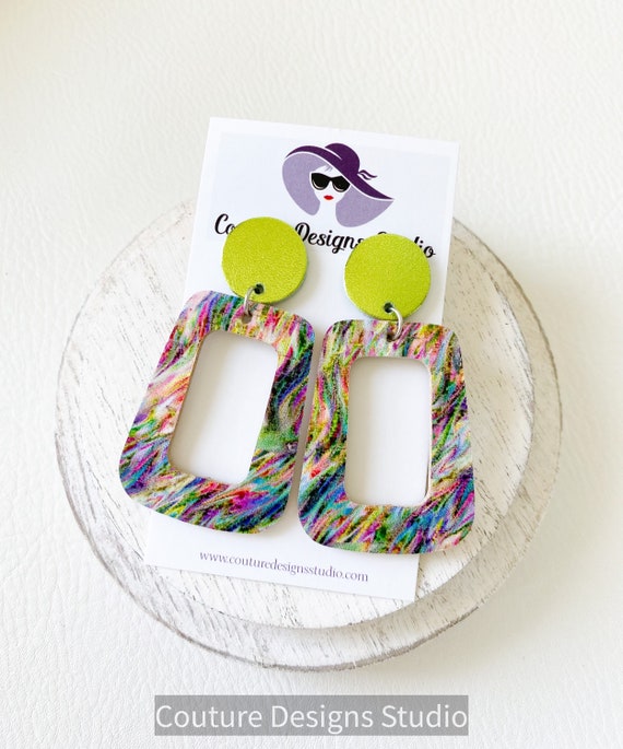 Boho Lime Leather Earrings - Geometric Earrings, Cork Square Earrings, Boho Earrings, Psychedelic Cork Earrings