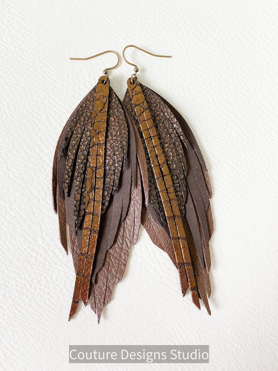 Bronze Leather Feather Earrings - Leather Feather Earrings, Leather Fringe Earrings, Genuine Leather Earrings, Boho Leather Earrings, 5.5”