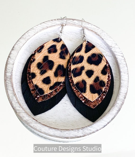 Cheetah Faux Leather Feather Earrings - Leather Feather Earrings, Layered Faux Leather Earrings, Glitter Earrings, Boho Earrings