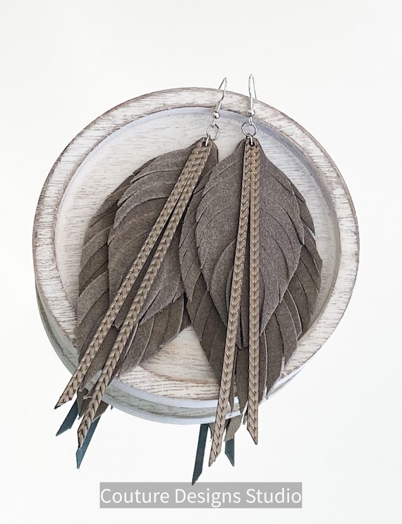 Mink Gray Leather Feather Earrings - Suede Feather Earrings, Leather Fringe Earrings, Boho Earrings, Leather Feather Earrings, 4.5 Inches