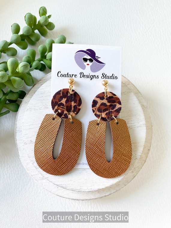 Bronze Cheetah Modern Earrings - Geometric Leather Earrings, Cheetah Leather Earrings, Leather Arch Earrings, Cork Earrings, Boho Earrings
