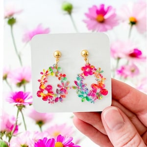 Bright Floral Teardrop Earrings | Vibrant Teardrop Flower Earrings | Pastel Floral Teardrop Summer Earrings