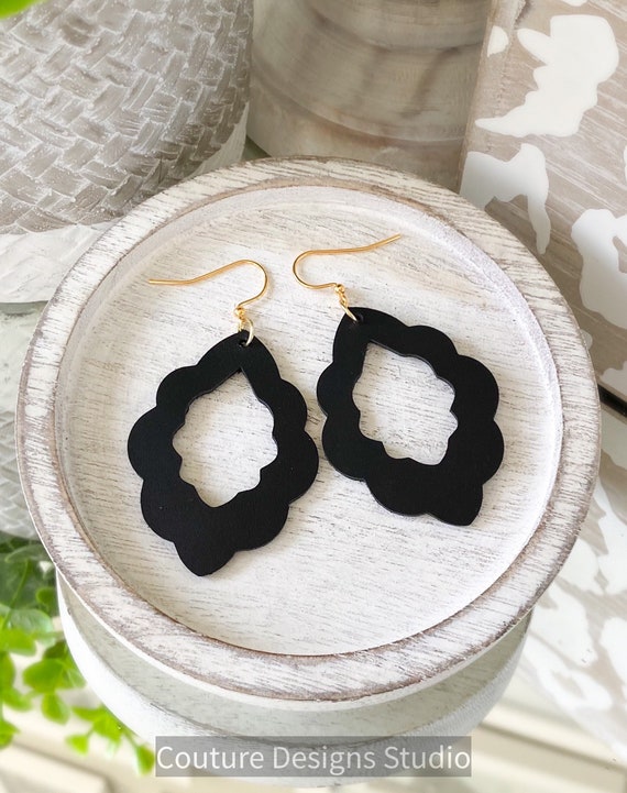 Marrakesh Leather Earrings, Black Moroccan Leather Earrings, Black Scallop Earrings, Genuine Leather Earrings, Black Leather Earrings