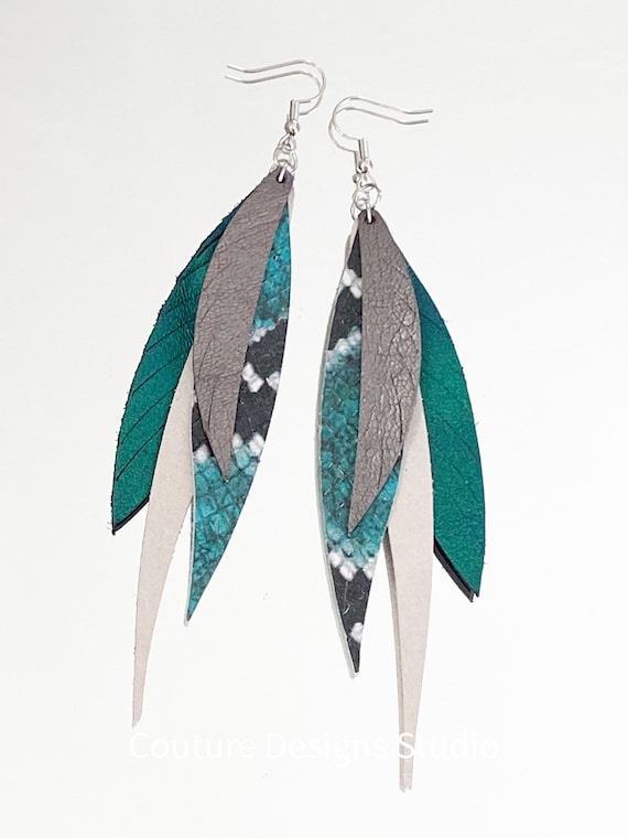 Skinny Snake Leather Feather Earrings - Boho Feather Earrings - Fringed Leather Earrings - Iridescent Leather Feather Earrings