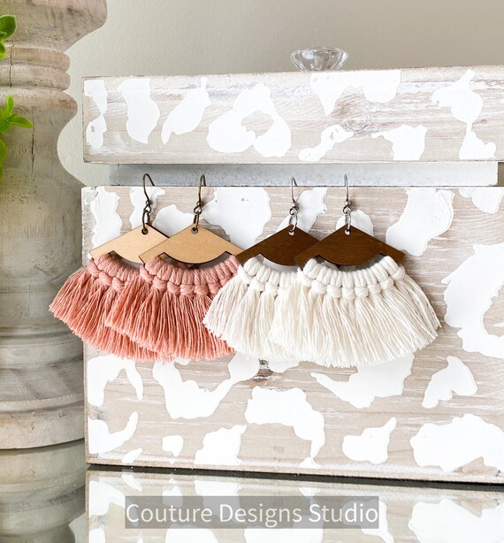 Macrame Fan Earrings, Boho Earrings, Wooden Earrings, Fringe Earrings, Wood Macrame Earrings, Macrame Earrings, Wood Earrings