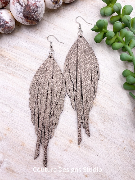 Faux Leather Fringe Feather Earrings - Leather Feather Earrings, Metallic Feather Earrings, Faux Leather Feather Earrings, 4.5 Inches