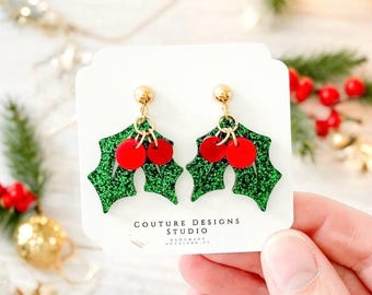 Glitter Holly Christmas Earrings: Acrylic Holiday Jewelry