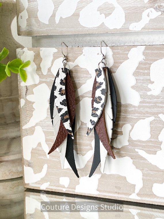 Boho Leopard Leather Feather Earrings - Feather Leather Earrings - Black and Brown Leather Earrings - Leopard Leather Earrings