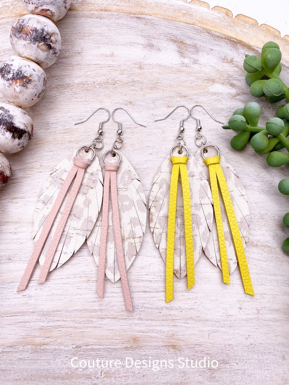 Gray Leopard Fringe Feather Earrings, Cork on Genuine Leather Earrings - Leather Feather Earrings, Boho Leather Earrings, 3.5 Inches