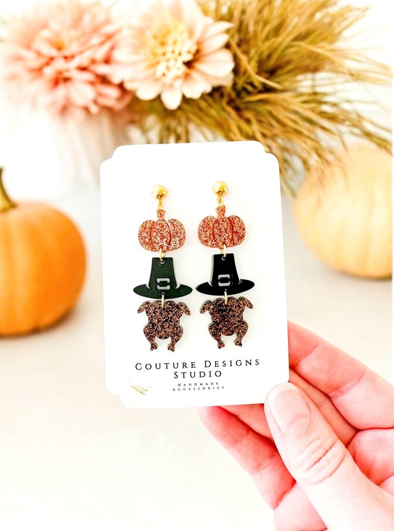 Thanksgiving Pumpkin, Pilgrim Hat and Turkey Stacked Acrylic Earrings