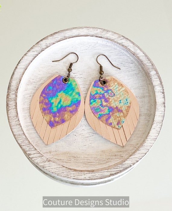 Oil Slick Leather Fringe Earrings, Leather Fringe Earrings, Leather Feather Earrings, Boho Earrings, Boho Leather Earrings, 2.5 Inches