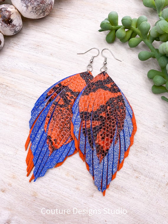Orange & Blue Leather Feather Earrings - Boho Leather Earrings, Leather Fringe Earrings, Leather Feather Earrings, Genuine Leather Earrings