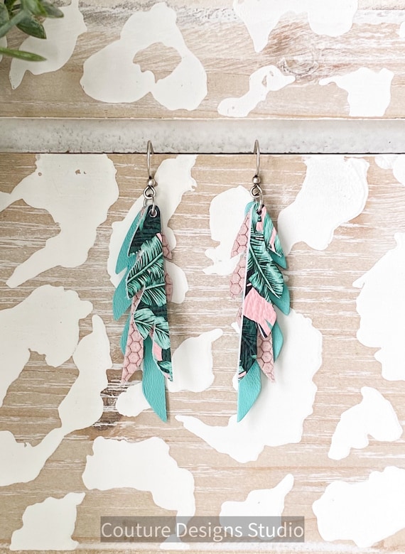 Pink Tropical Leather Feather Earrings, Feather Leather Earrings, Mini Feather Earrings, Boho Earrings, Small Leather Feathers