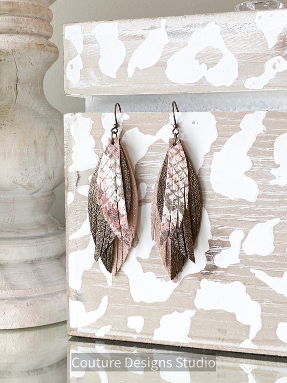 Neutral Leather Earrings, Metallic Leather Feather Earrings, Blush Leather Earrings, Boho Earrings, Rose Pink Leather Earrings