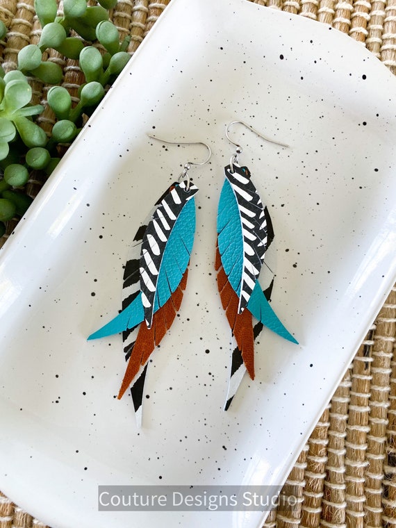 Boho Turquoise Leather Feather Earrings - Fringed Leather Feather Earrings - Black and White Leather Earrings - Feather Leather Earrings