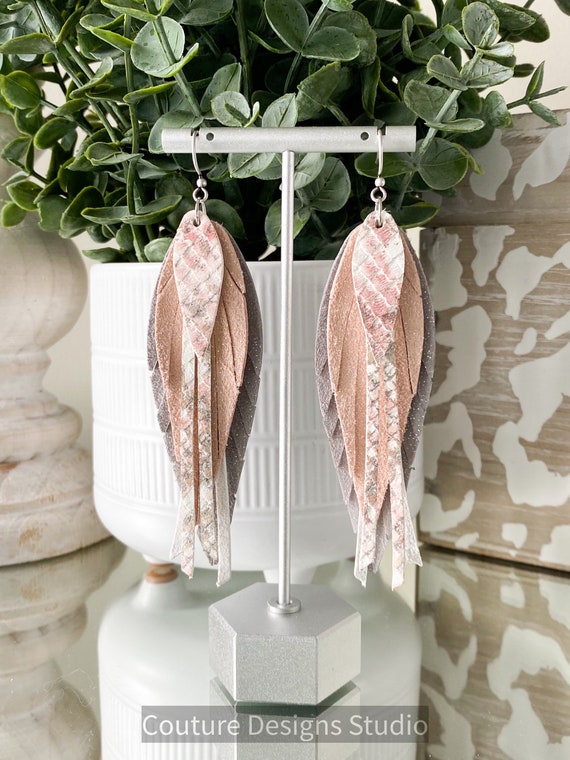 Boho Blush Feather Leather Earrings - Leather Feather Earrings - Taupe and Pink Feather Earrings - Unique Feather Earrings, 4 Inches