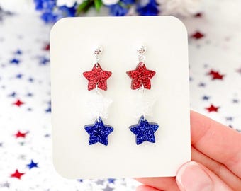 4th of July Star Earrings | Red White and Blue Star Earrings | Glitter Trio Star Independence Day Earrings | Fourth of July Star Earrings