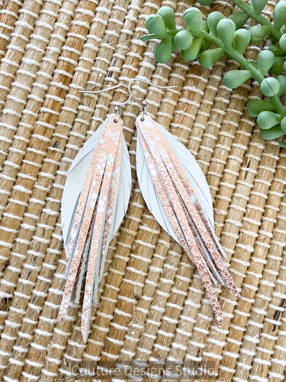 Pink & White Leather Fringe Earrings, Leather Feather Earrings, Rose Gold Leather Fringe Earrings, Boho Earrings, Genuine Leather Earrings