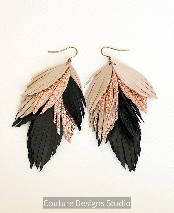 Black and Rose Gold Leather Feather Earrings, Fringed Leather Feather Earrings, Layered Leather Earrings, Boho Earrings, Nude Leather