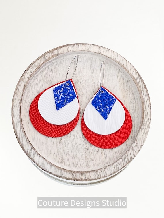 Fourth of July Leather Earrings - Genuine Leather Earrings, Boho Earrings, Hoop Earrings, 4th of July Earrings, Western Earrings