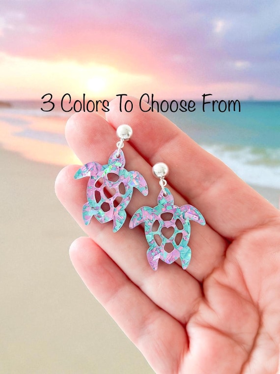 Sea Turtle Earrings | Glitter Turtle Tropical Earrings | Sea Turtle Ocean Earrings | Sea Turtle Beach Earrings