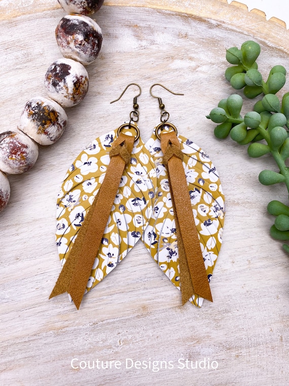 Mustard Leather Feather Earrings - Leather Feather Earrings, Leather Fringe Earrings, Floral Leather Earrings, Boho Leather Earrings, 4.5”