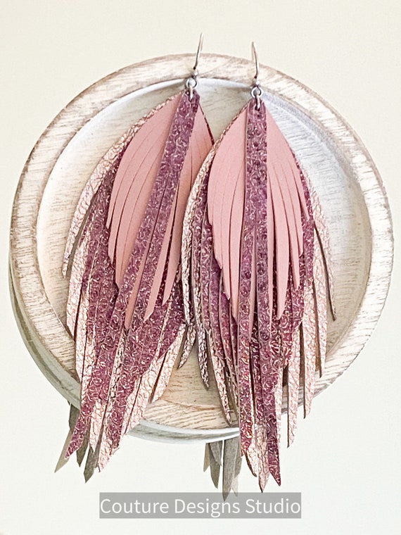 Mauve Metallic Shimmer Leather Feather Earrings - Leather Feathers, Leather Fringe Earrings, Boho Earrings, Long Leather Earrings