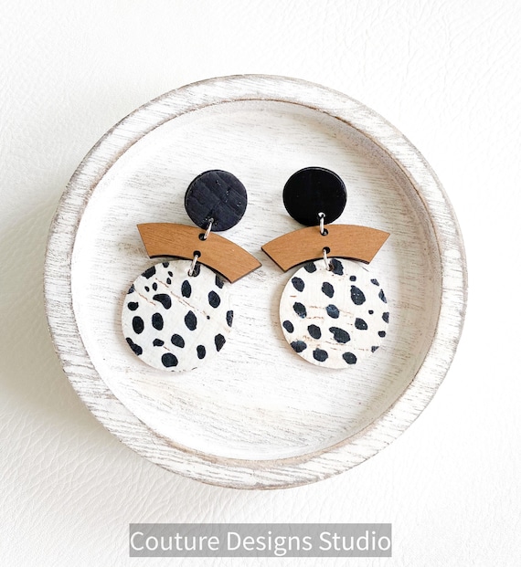 Spotted Circle Earrings, Cork and Wood Earrings, Black and White Dalmatian Leather Earrings, Boho Earrings, Geometric Earrings