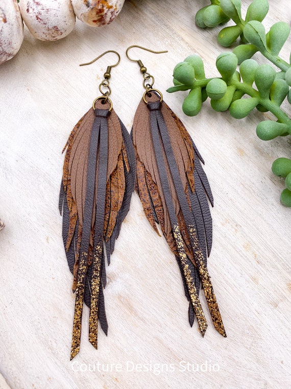 Boho Feather Leather Earrings - Narrow Feather Earrings, Sparkly Earrings, Leather Fringe Earrings, Gold Glitter Leather Earrings
