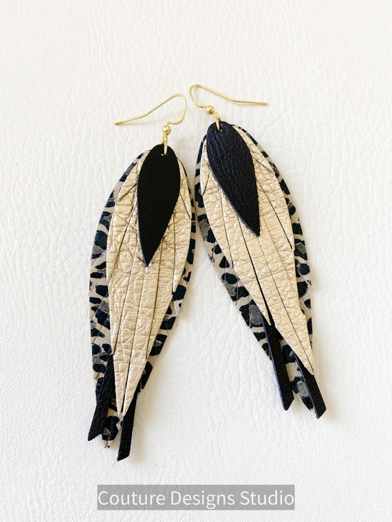 Black and Gold Feather Leather Earrings - Leopard Leather Earrings - Fringed Leather Feather Earrings - Unique Feather Earrings, 4 Inches