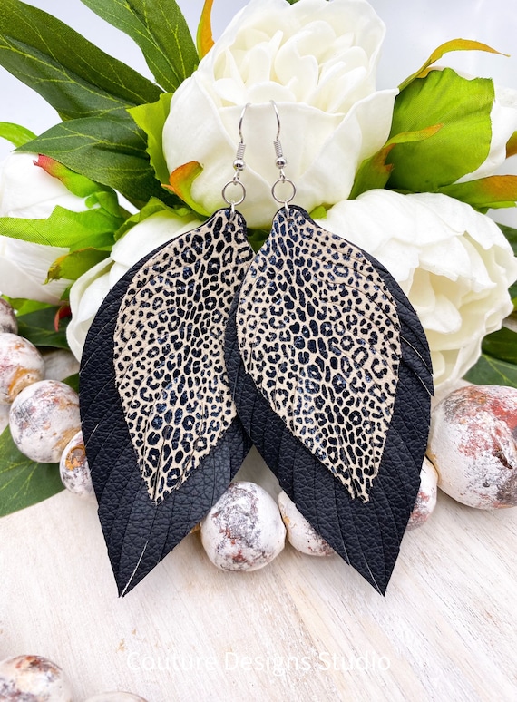 Leopard Leather Feather Earrings - Black & Tan Leather Feather Earrings, Leather Fringe Earrings, Boho Leather Earrings, 4.5 Inches