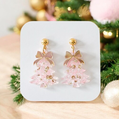 Christmas Tree Earrings, Pinkmas Tree Earrings, Gold Bow Christmas Tree Holiday Earrings, Pink and  Gold Christmas Earrings