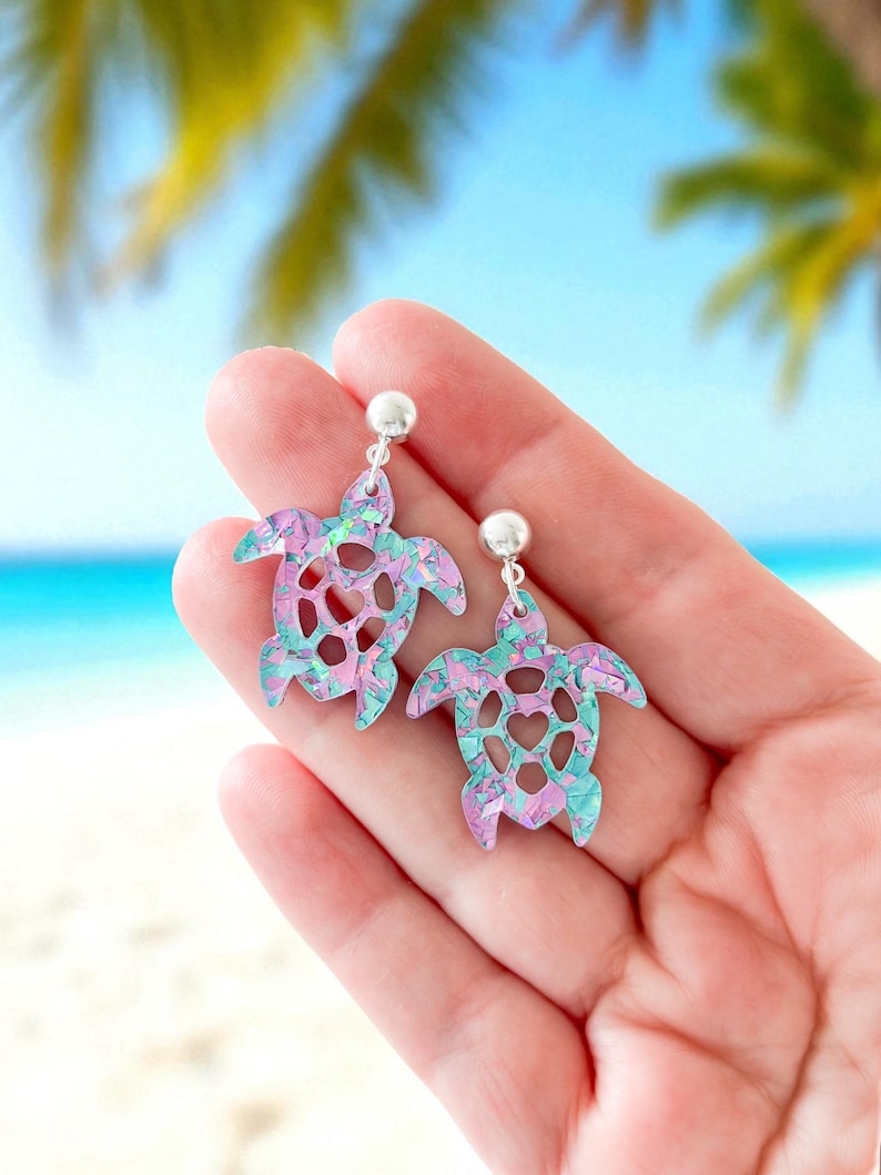 Sea Turtle Earrings | Glitter Turtle Tropical Earrings | Sea Turtle Ocean Earrings | Sea Turtle Beach Earrings 画像 5