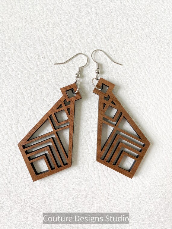 Laser Cut Wood Earrings - Wood Earrings, Wooden Earrings, Walnut Wood Earrings, Boho Wood Earrings, Boho Earrings, Geometric Wood Earrings