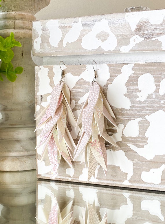 Pale Pink Faux Leather Earrings - Faux Leather Feather Earrings, Glitter Earrings, Leaf Earrings, Pink Earrings