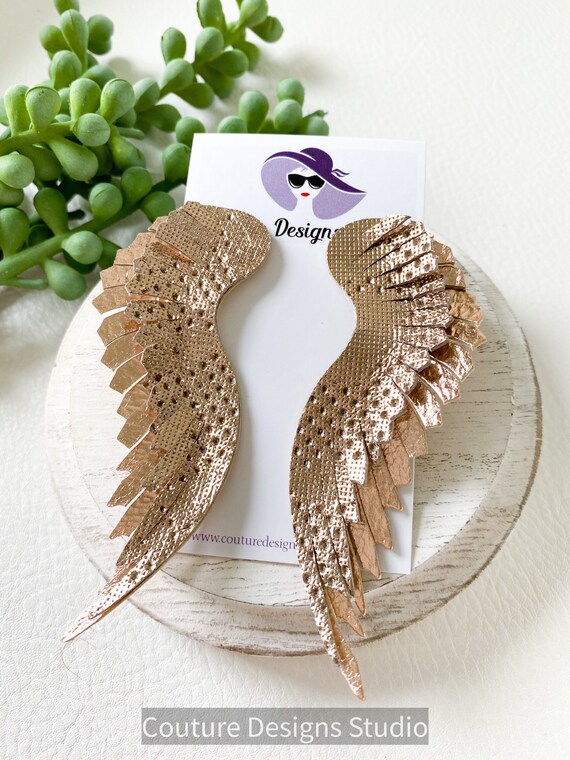 Rose Gold Feather Leather Earrings - Fringed Leather Earrings - Blush Rose Gold Leather Wing Earrings - Pink Rose Gold Angel Wing Earrings