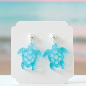 Sea Turtle Earrings | Glitter Turtle Tropical Earrings | Sea Turtle Ocean Earrings | Sea Turtle Beach Earrings Aqua Shimmer Glitter