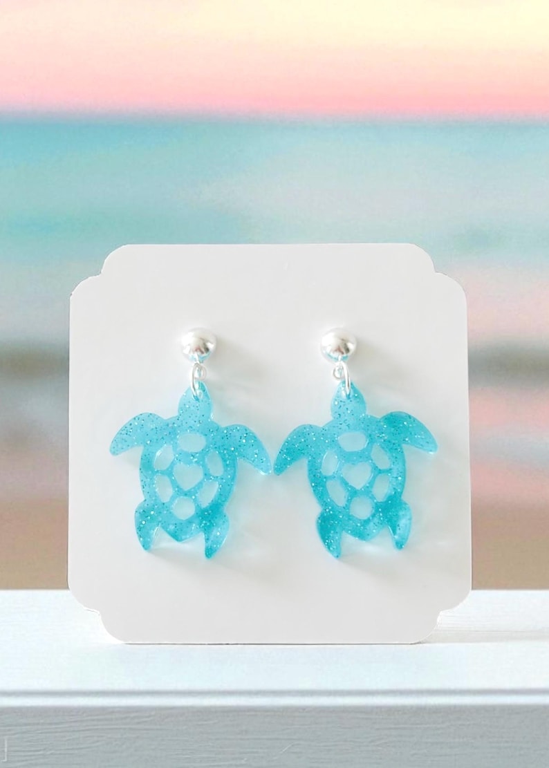 Sea Turtle Earrings | Glitter Turtle Tropical Earrings | Sea Turtle Ocean Earrings | Sea Turtle Beach Earrings Aqua Shimmer Glitter