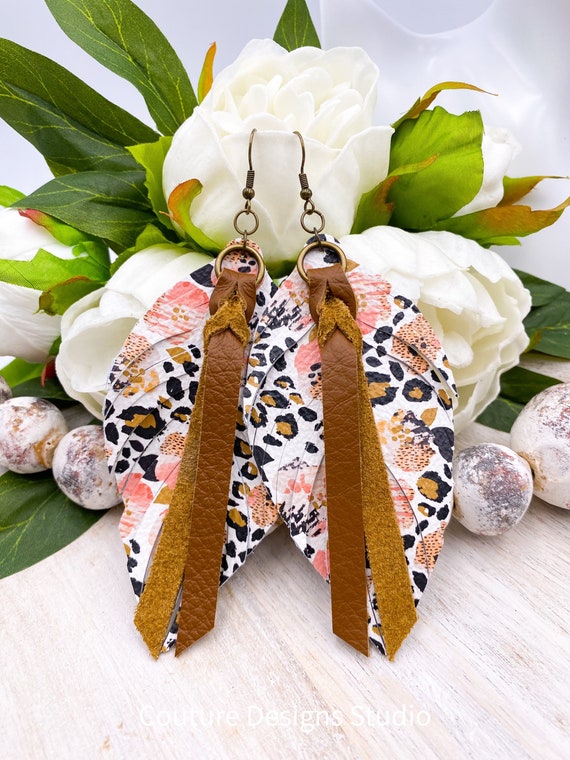 Leopard Leather Feather Earrings - Leather Feather Earrings, Leather Fringe Earrings, Cheetah Leather Earrings, Boho Leather Earrings, 4.5”