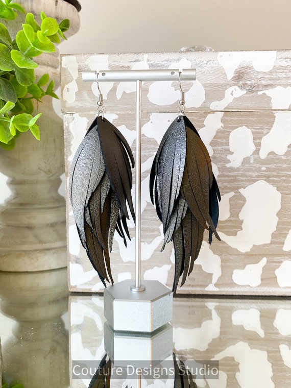 Gunmetal Leather Feather Earrings, Fringed Leather Feather Earrings, Charcoal Metallic Leather Earrings, Boho Earrings, Leather Feathers
