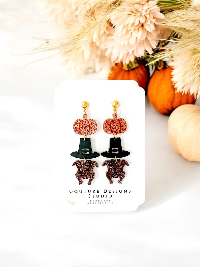 Thanksgiving Pumpkin, Pilgrim Hat and Turkey Stacked Acrylic Earrings