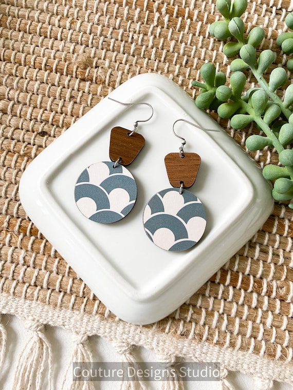 Neutral Boho Wood Earrings - Retro Print Wood Circle Earrings - Lightweight Modern Earrings