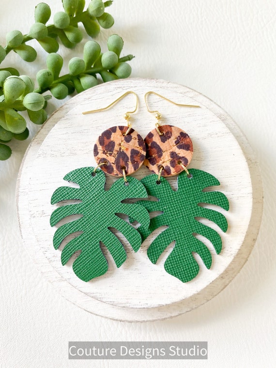Monstera Leaf Earrings, Tropical Leaf Earrings, Banana Leaf Earrings, Modern Leather Earrings, Summer Earrings