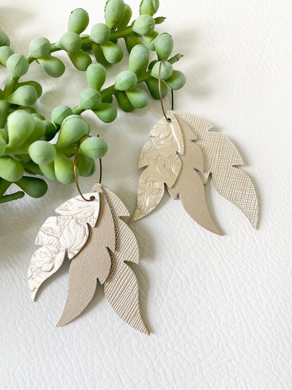 Champagne Leather Feather Earrings, Leather Feather Hoop Earrings, Boho Earrings, Gold Leather Earrings, Hoop Earrings