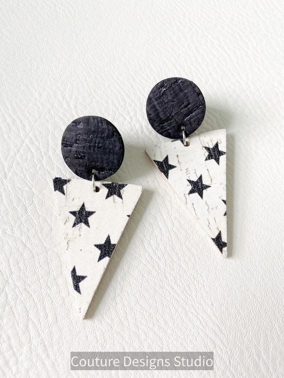Triangle Boho Earrings - Genuine Leather Earrings, Boho Earrings, Cork Earrings, Black & White Earrings, Star Earrings