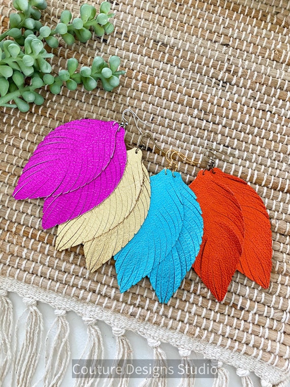 Large Leather Feather Earrings - Metallic Leather Feather Earrings - Gold Feather Leather Earrings - Turquoise Leather Feather Earrings