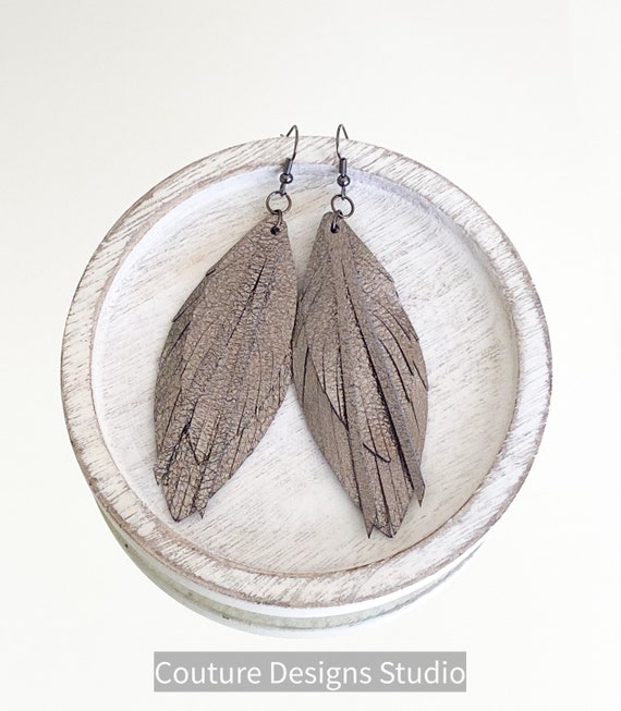 Metallic Leather Feather Earrings, Leather Feather Earrings, Leather Fringe Earrings, Boho Leather Earrings, Gunmetal Leather Earrings